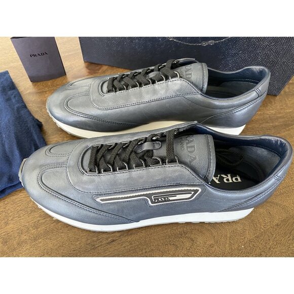 PRADA 2EG286 Greenish BLUE LEATHER LOGO PANEL SNEAKERS SHOES, US 7.5 - Picture 1 of 13